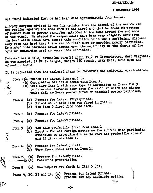 Third page of covering letter from NIS to FBI, requesting processing of listed physical evidence, 1NOV66.